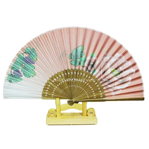 Fächer Handfächer aus Bambus & Seide dunkelblau blau grün rot Blumen Trauben Handarbeit 6633 - zum Schließen ins Bild klicken